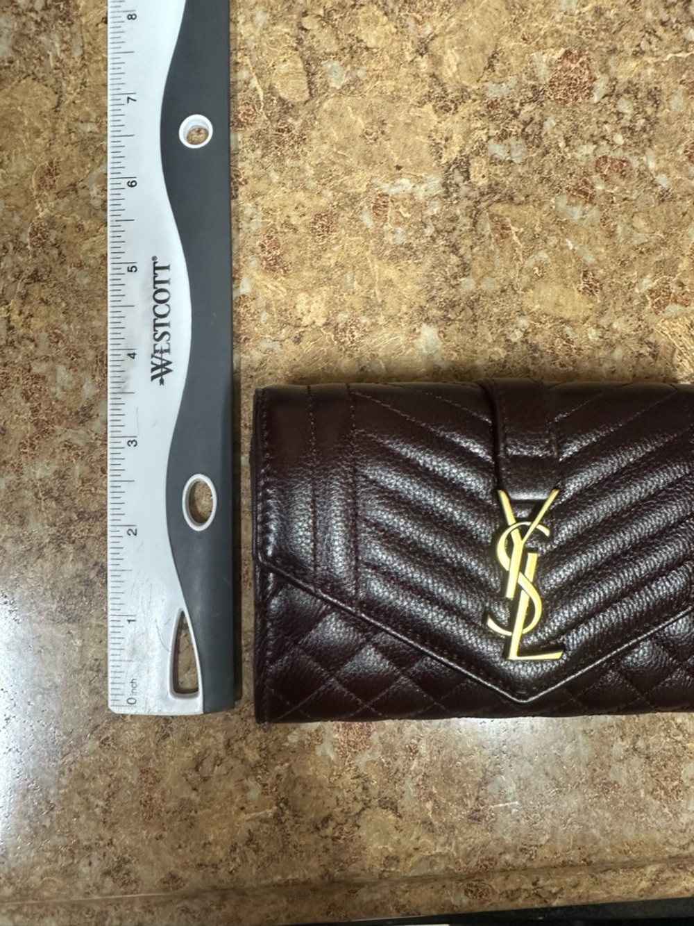 Saint Laurent Quilted Chevron & Diamond Wallet in Burgundy with Gold YSL - Picture 9 of 16